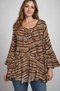 CATO Peplum Striped Abstract 3/4 Flared Sleeves Top Size 22W 24W Brown 70's